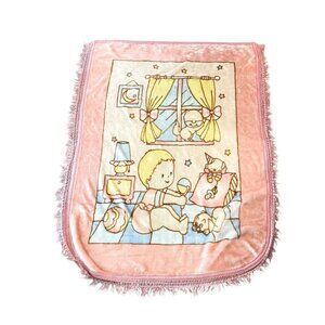 VTG Novatex? Plush Baby Crib Blanket Beige Pastel Pink Crochet Trim Fringe 60x42